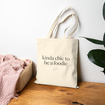 kinda chic to be a foodie Tote | minimalist script, neutral canvas