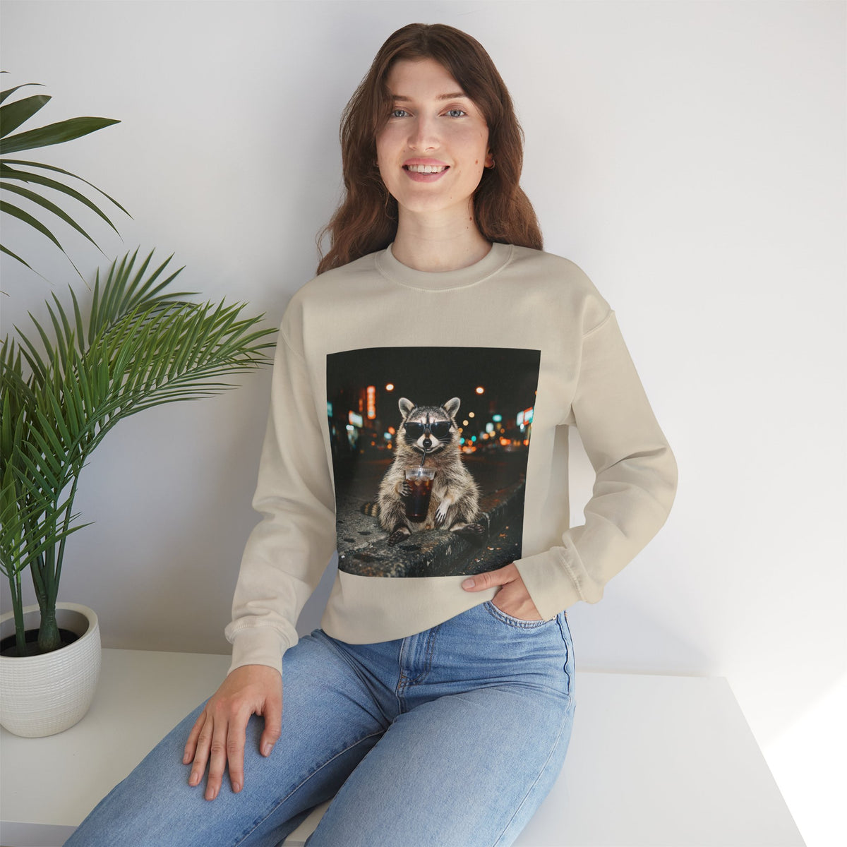 Raccoon Holding Coffee Sweatshirt | Animals & Lattes, Cozy Cafe Pet