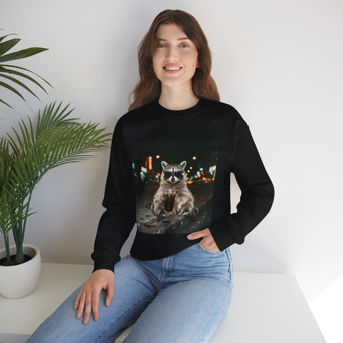 Raccoon Holding Coffee Sweatshirt | Animals & Lattes, Cozy Cafe Pet