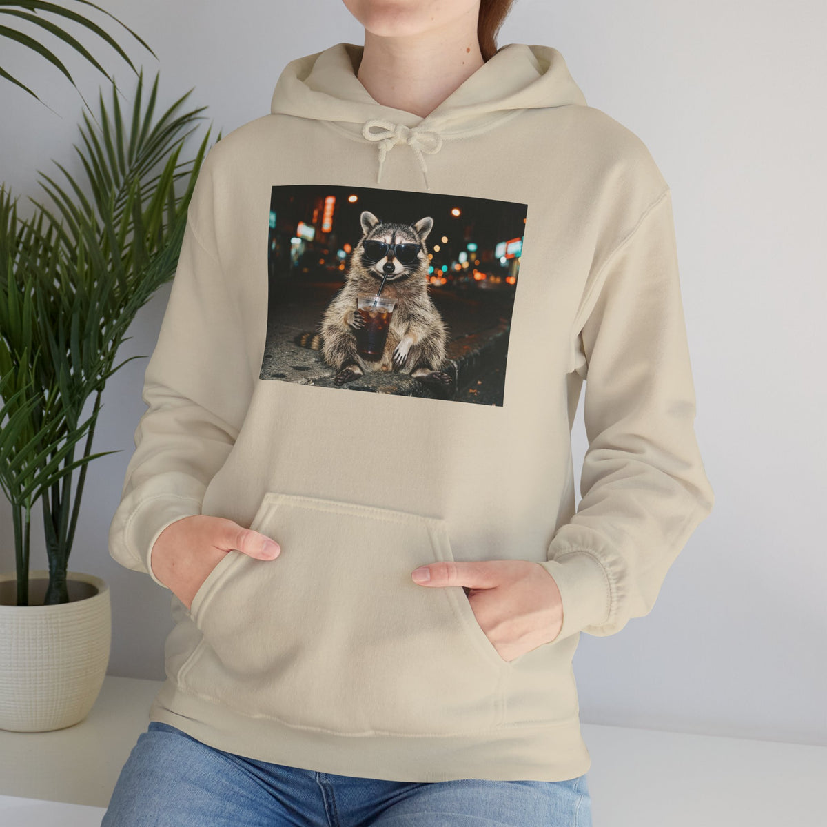 Raccoon with Coffee Hoodie - Animals & Lattes, Cozy Beverage Pet