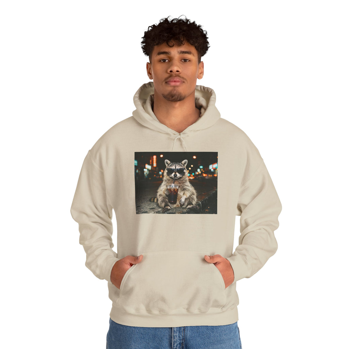 Raccoon with Coffee Hoodie - Animals & Lattes, Cozy Beverage Pet