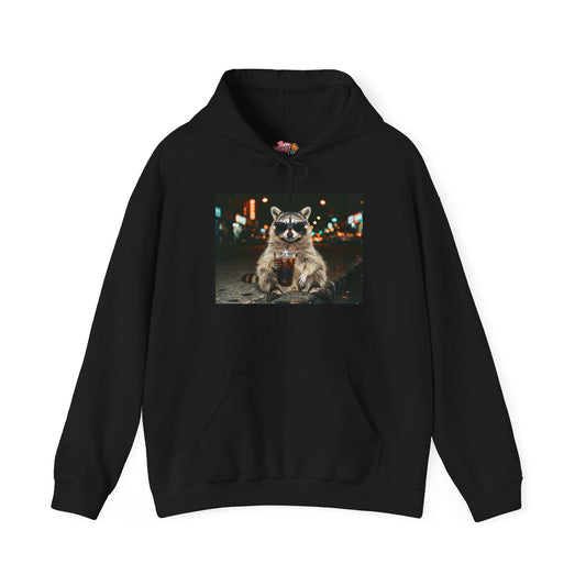 Raccoon with Coffee Hoodie - Animals & Lattes, Cozy Beverage Pet