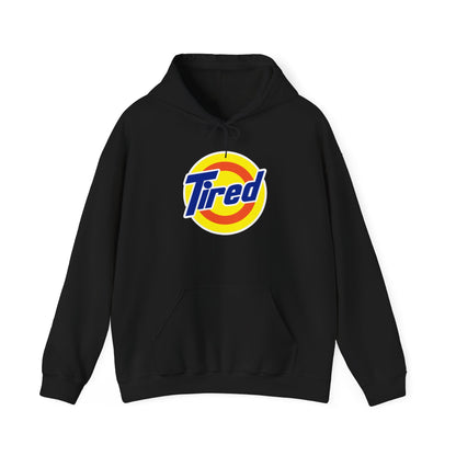 Tired Logo Hoodie — Retro Badge Graphic Pullover for Casual Comfort