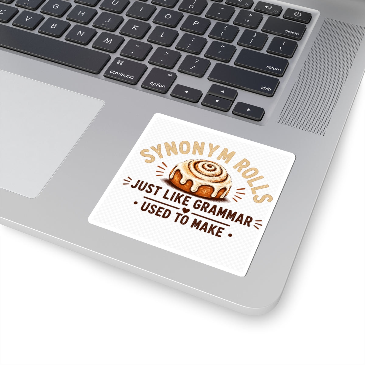 Synonym Rolls Sticker — Cute Cinnamon Roll Grammar Pun Kiss-Cut Sticker