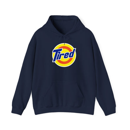 Tired Logo Hoodie — Retro Badge Graphic Pullover for Casual Comfort