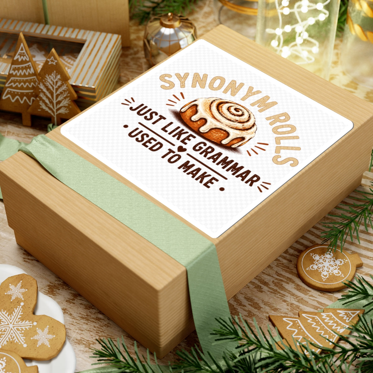 Synonym Rolls Sticker — Cute Cinnamon Roll Grammar Pun Kiss-Cut Sticker