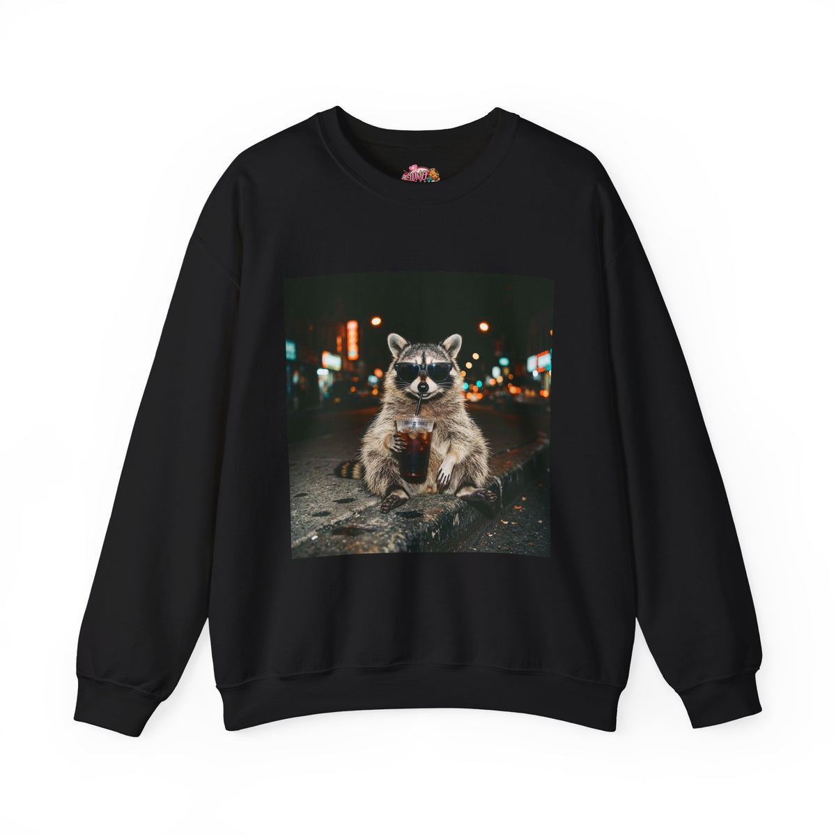 Raccoon Holding Coffee Sweatshirt | Animals & Lattes, Cozy Cafe Pet