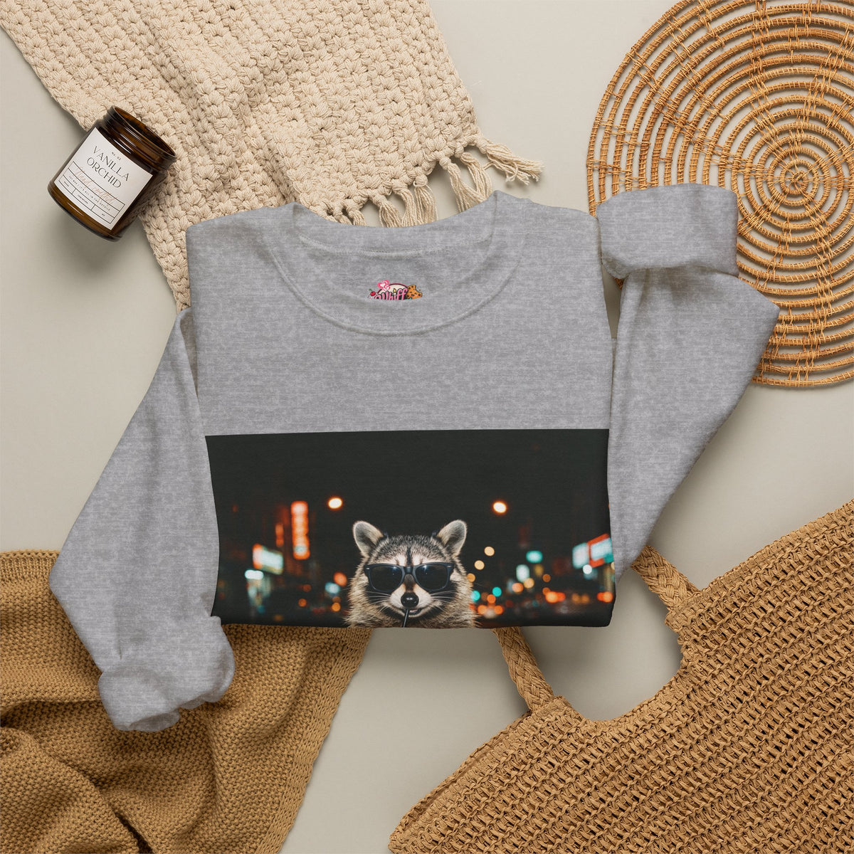 Raccoon Holding Coffee Sweatshirt | Animals & Lattes, Cozy Cafe Pet