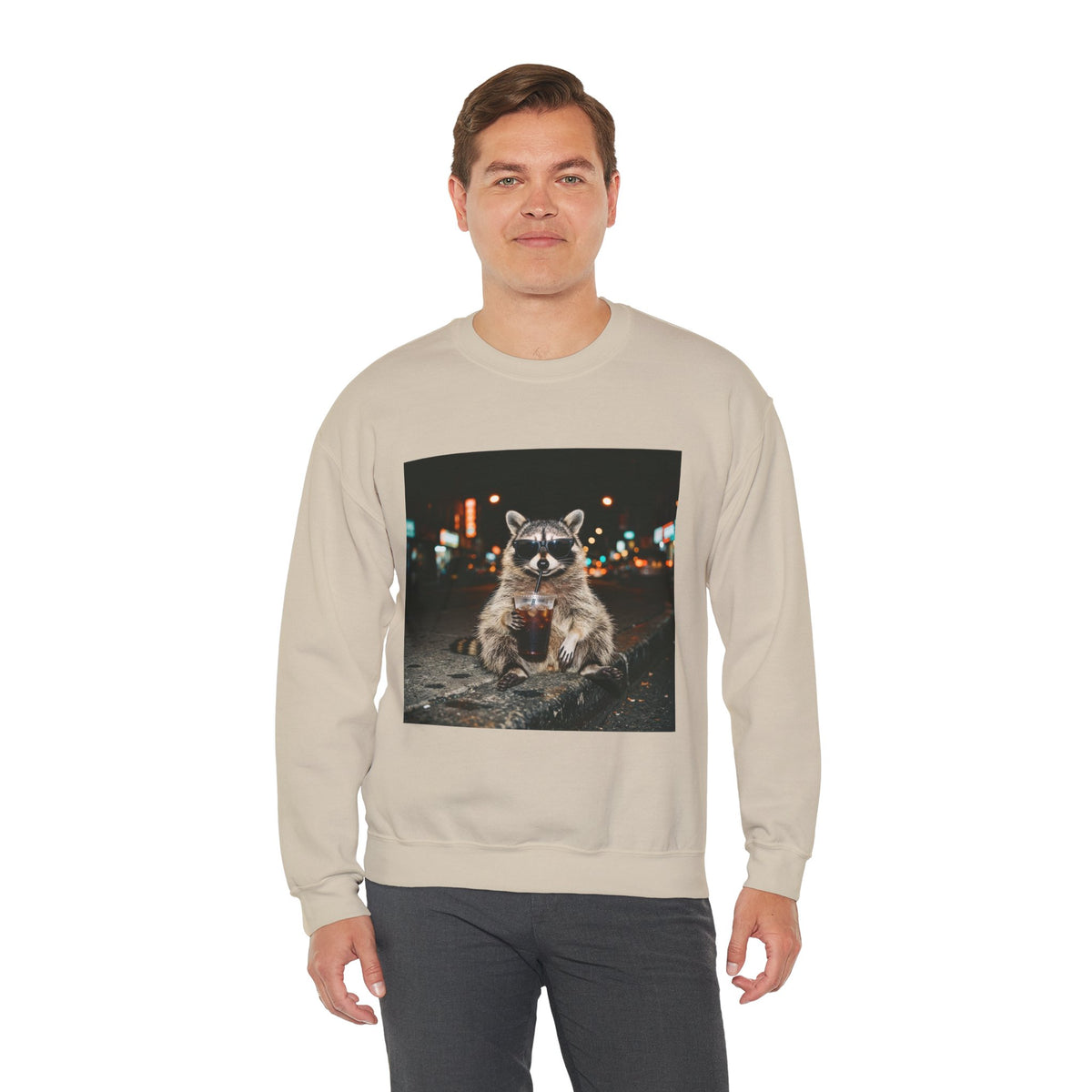 Raccoon Holding Coffee Sweatshirt | Animals & Lattes, Cozy Cafe Pet