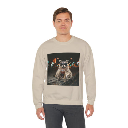 Raccoon Holding Coffee Sweatshirt | Animals & Lattes, Cozy Cafe Pet