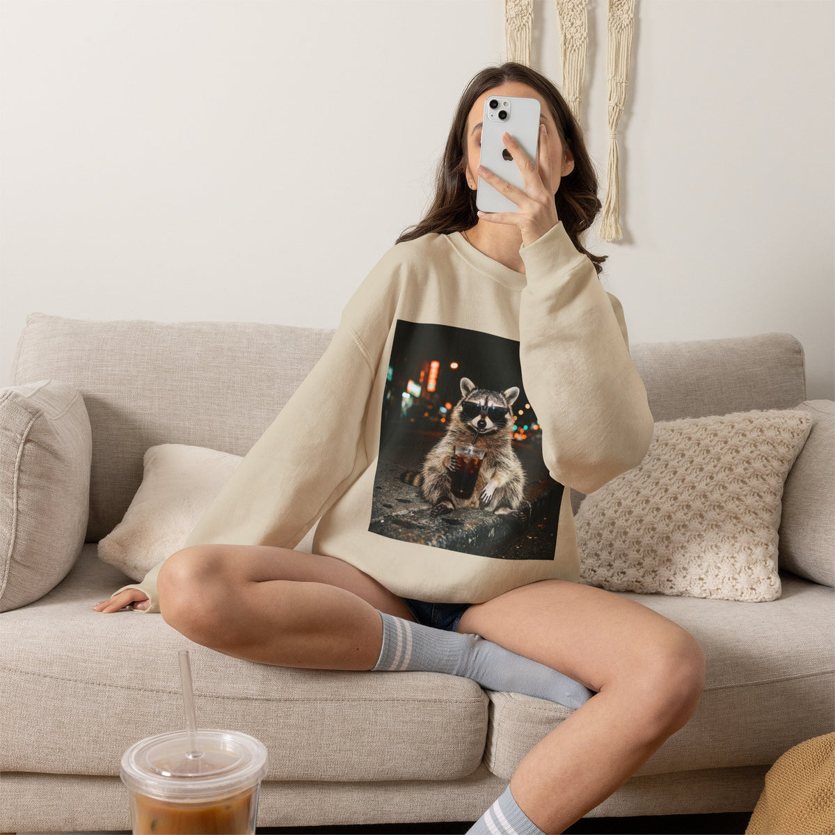 Raccoon Holding Coffee Sweatshirt | Animals & Lattes, Cozy Cafe Pet
