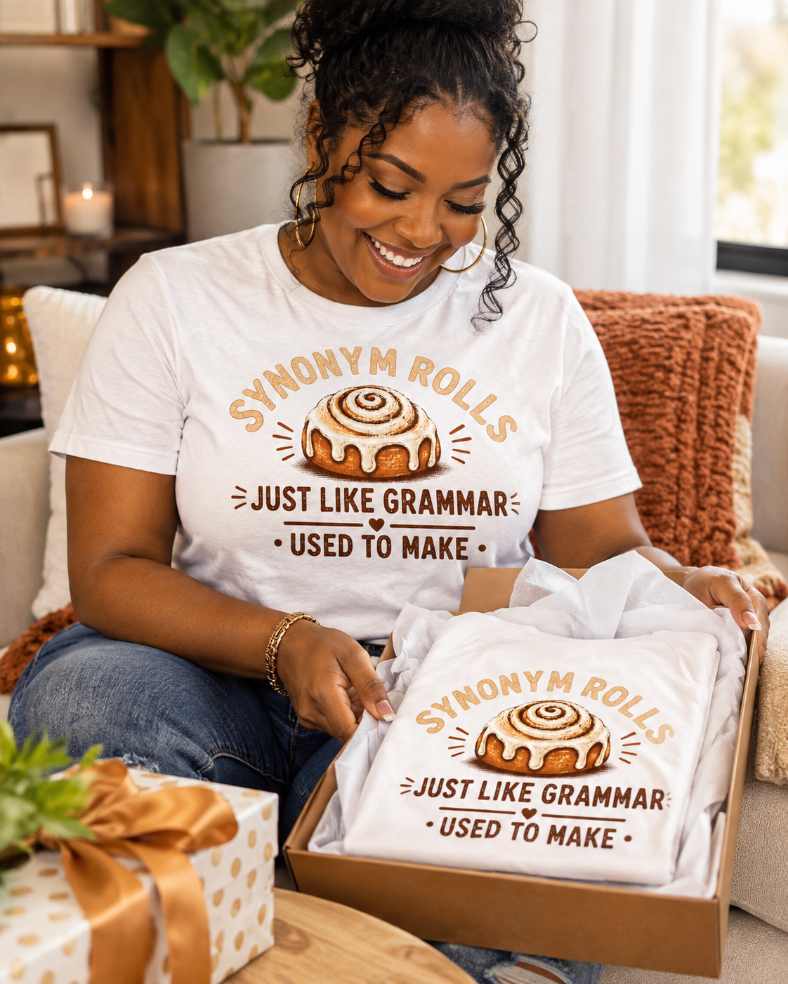 Synonym Rolls T-Shirt — Funny Grammar Pun Tee ("Just Like Grammar Used to Make")