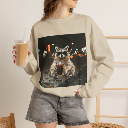 Raccoon Holding Coffee Sweatshirt - Animals & Lattes, Cozy Cafe Pet
