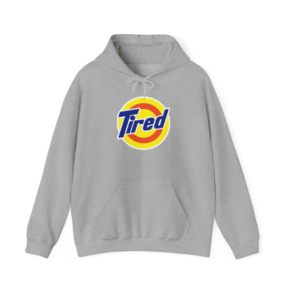 Tired Logo Hoodie — Retro Badge Graphic Pullover for Casual Comfort
