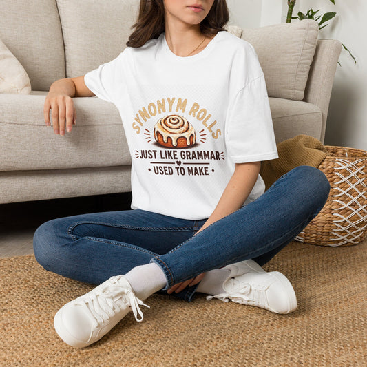 Synonym Rolls T-Shirt — Funny Grammar Pun Tee ("Just Like Grammar Used to Make")