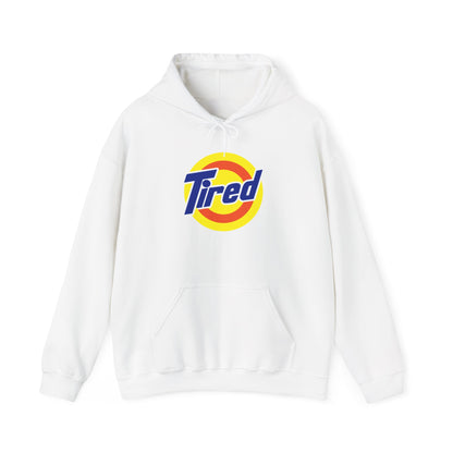 Tired Logo Hoodie — Retro Badge Graphic Pullover for Casual Comfort