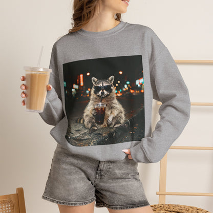 Raccoon Holding Coffee Sweatshirt - Animals & Lattes, Cozy Cafe Pet