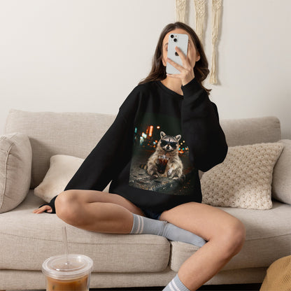 Raccoon Holding Coffee Sweatshirt | Animals & Lattes, Cozy Cafe Pet