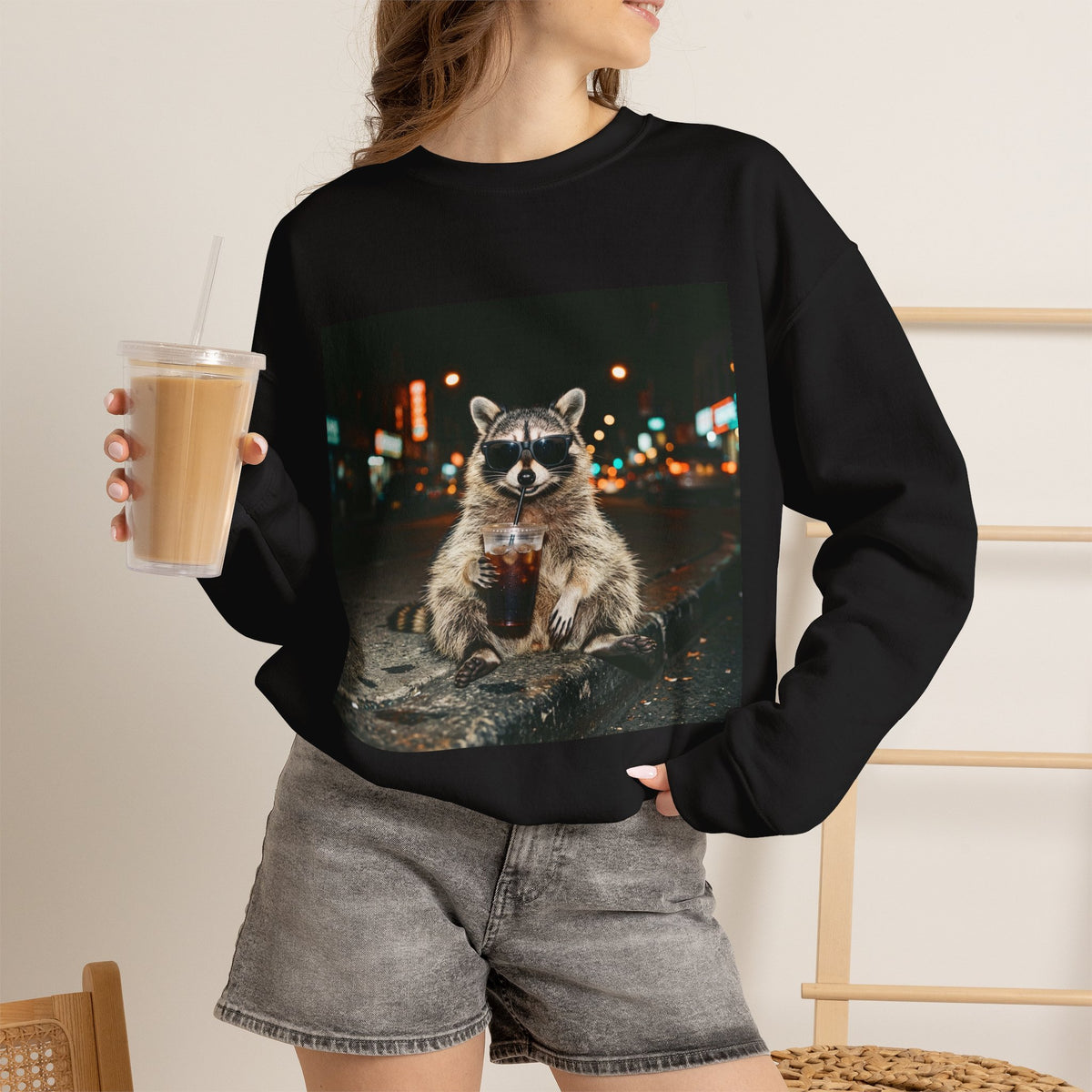Raccoon Holding Coffee Sweatshirt - Animals & Lattes, Cozy Cafe Pet