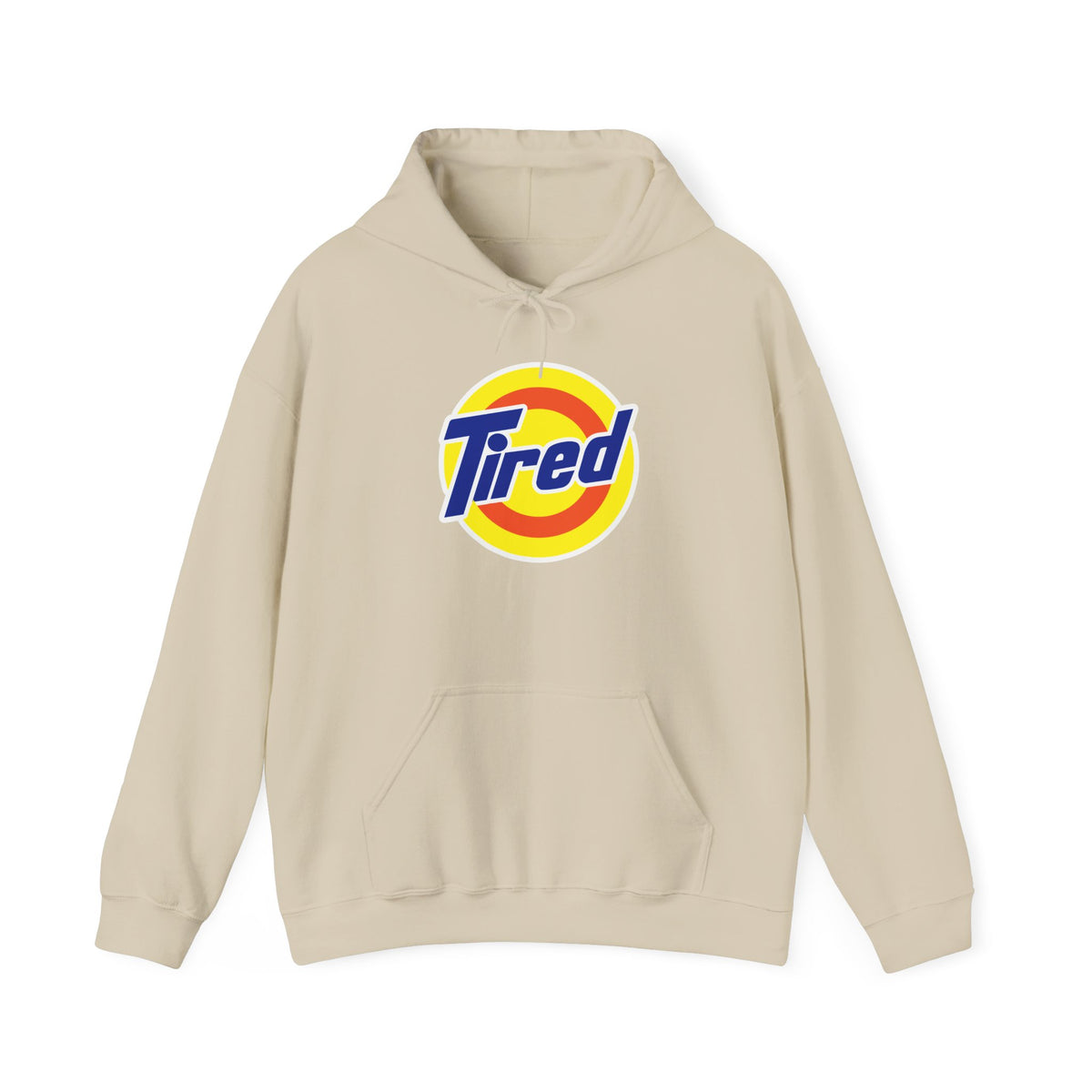 Tired Logo Hoodie — Retro Badge Graphic Pullover for Casual Comfort