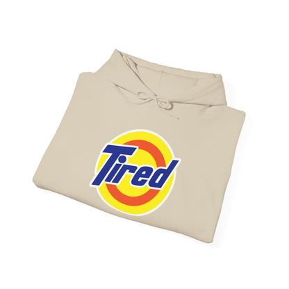 Tired Logo Hoodie — Retro Badge Graphic Pullover for Casual Comfort