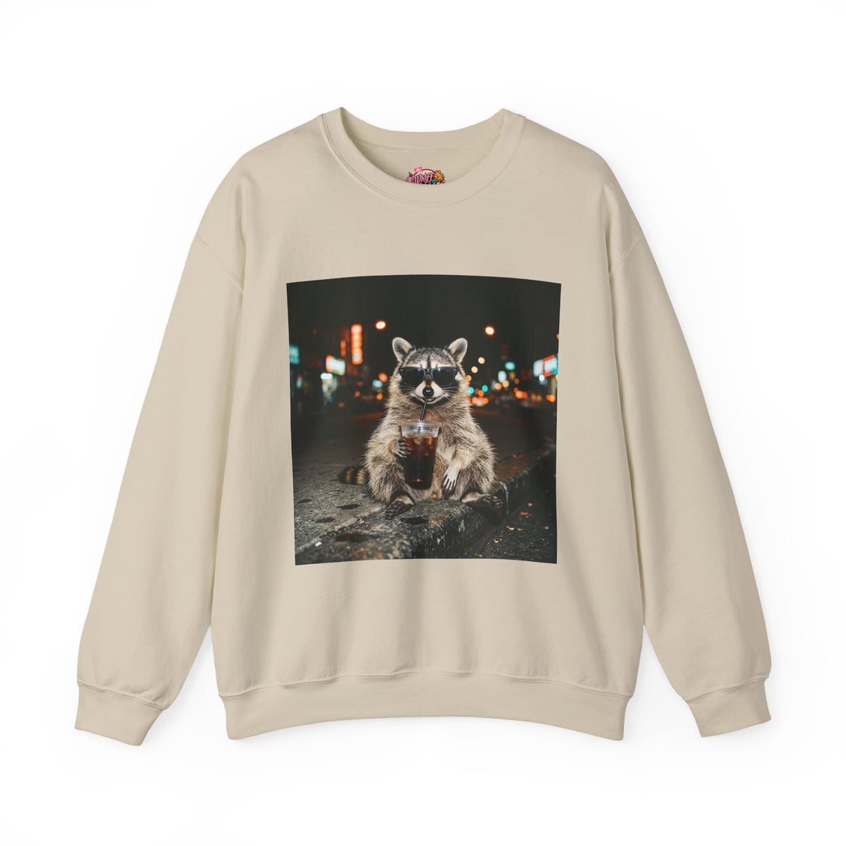 Raccoon Holding Coffee Sweatshirt | Animals & Lattes, Cozy Cafe Pet