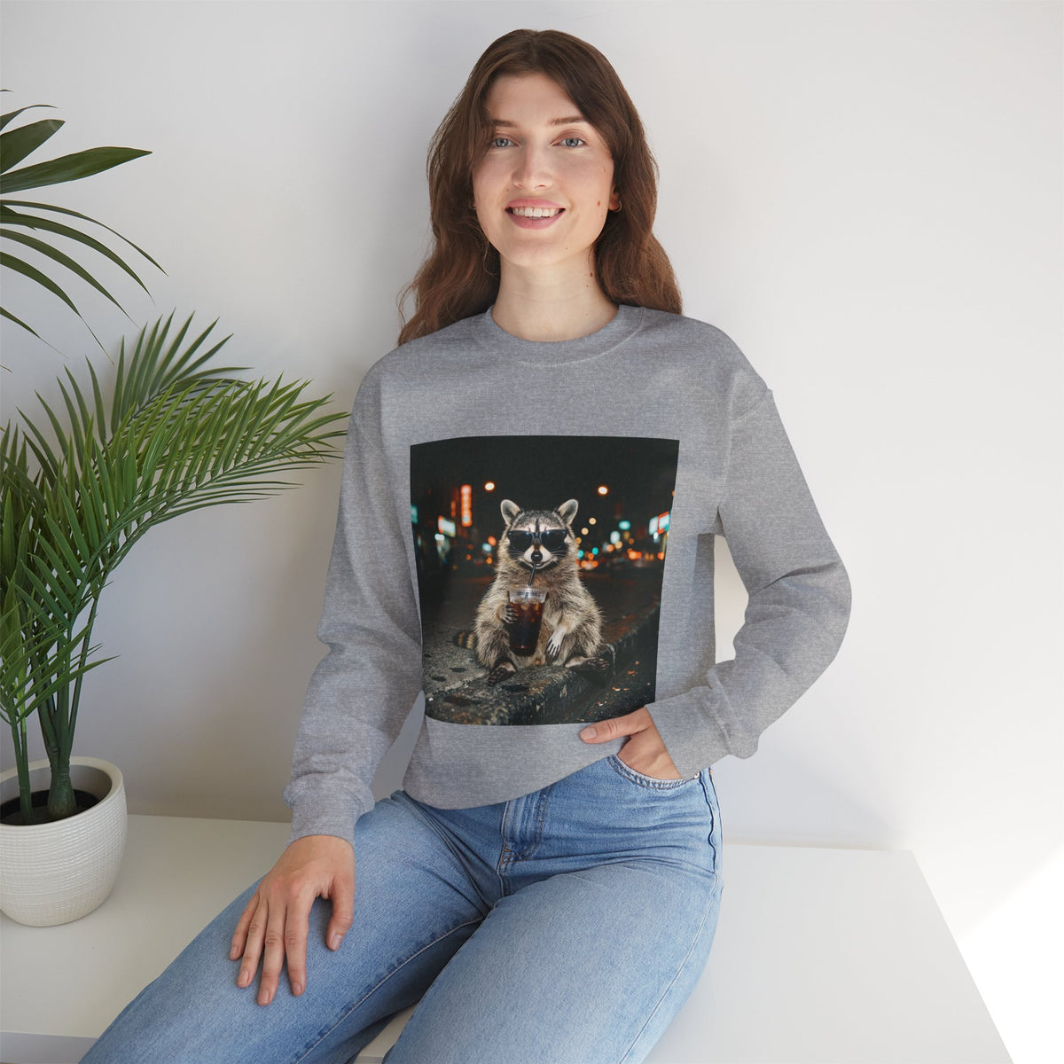 Raccoon Holding Coffee Sweatshirt | Animals & Lattes, Cozy Cafe Pet