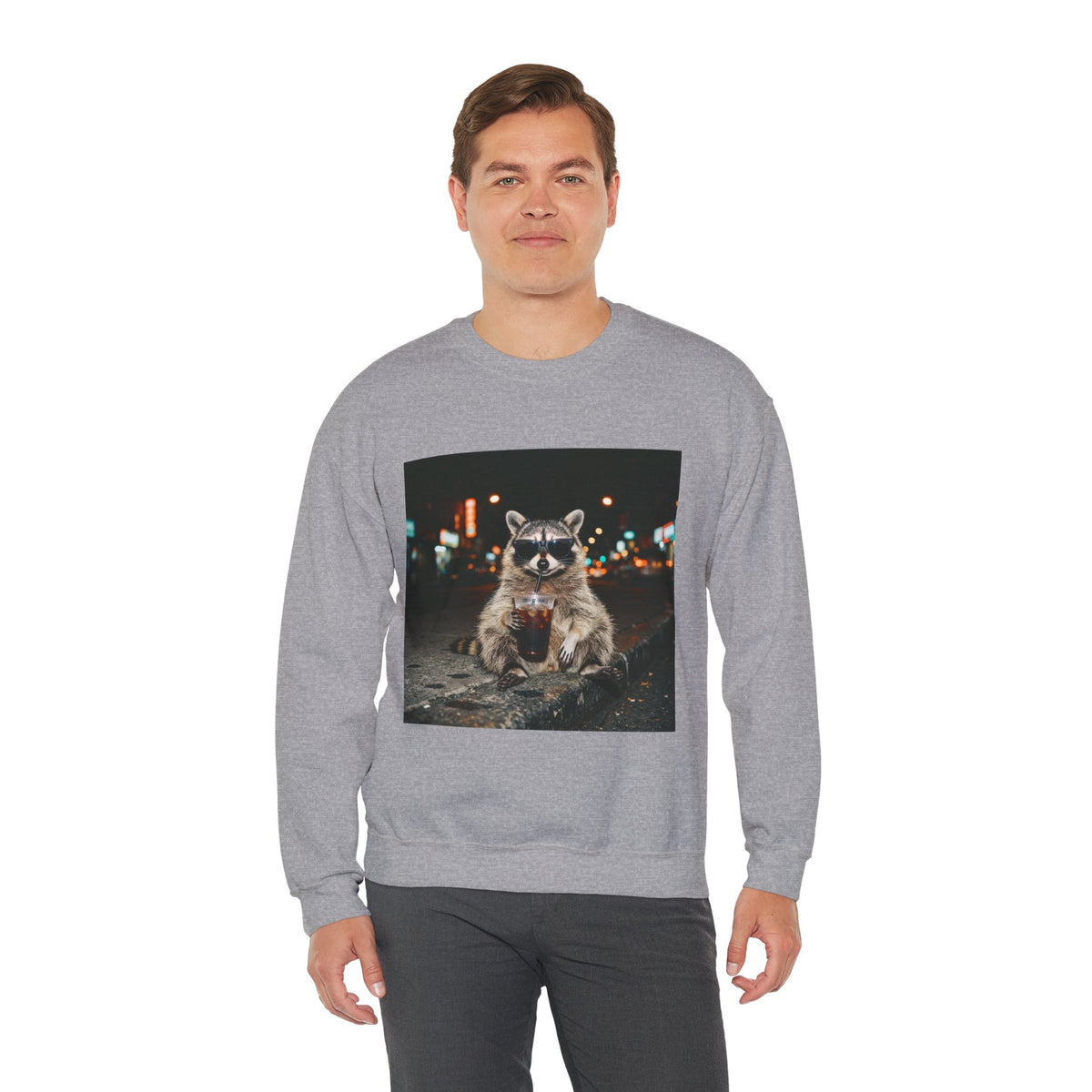 Raccoon Holding Coffee Sweatshirt | Animals & Lattes, Cozy Cafe Pet