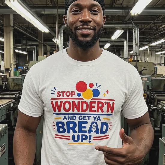 Worker wearing Whiff & Nibble “Get Ya Bread Up” graphic T-shirt