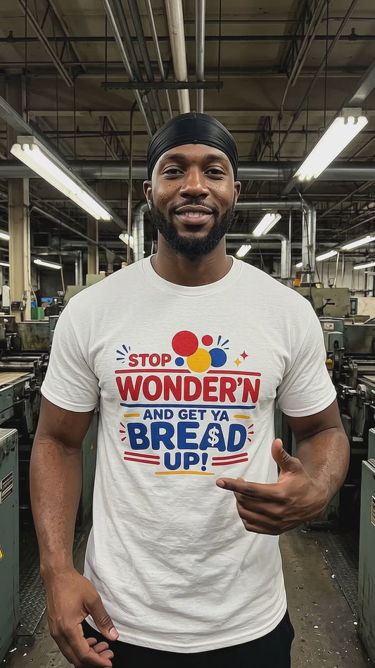 Worker wearing Whiff & Nibble “Get Ya Bread Up” graphic T-shirt